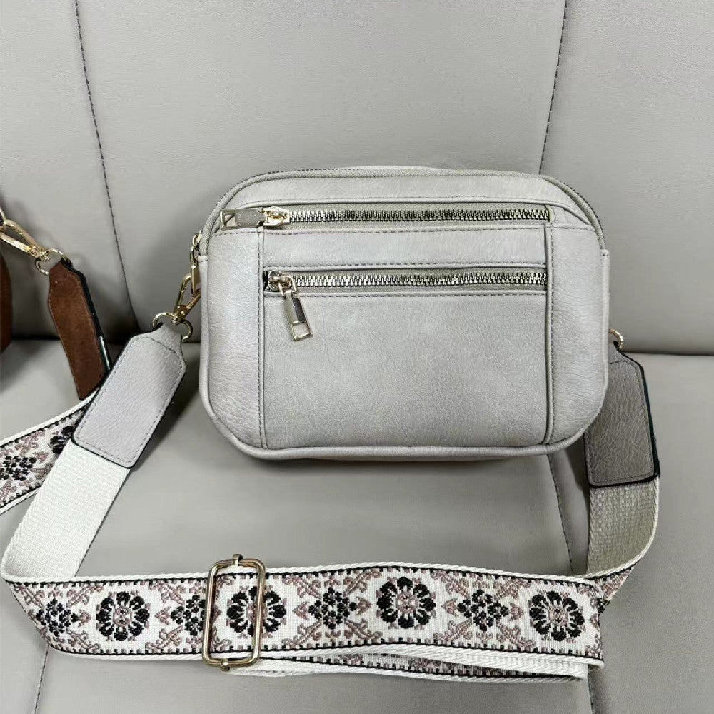 Floral Embroidered Triple-Zip Crossbody Bag
