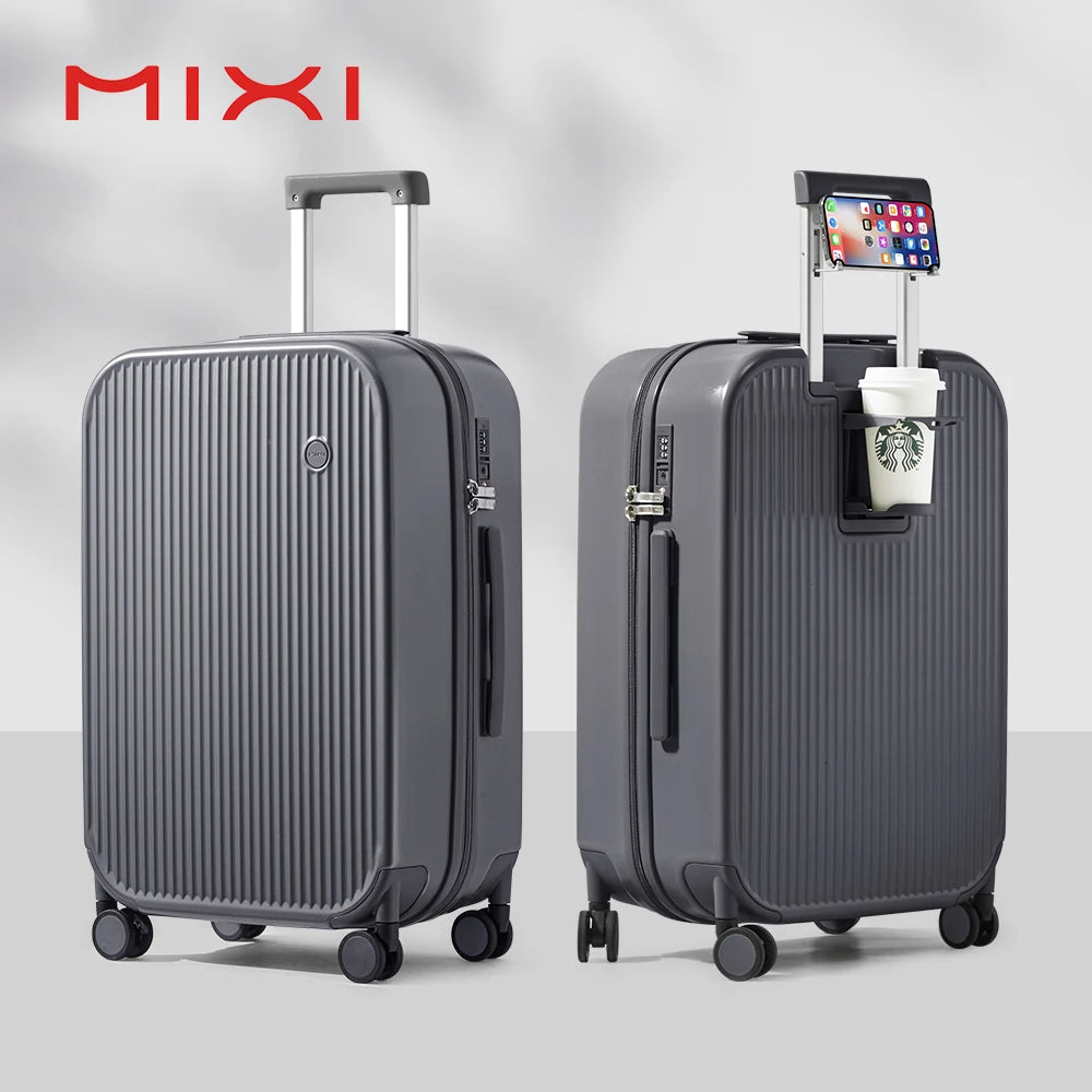 Carry-On Suitcase with Cup & Phone Holder - Hard Shell Spinner Luggage