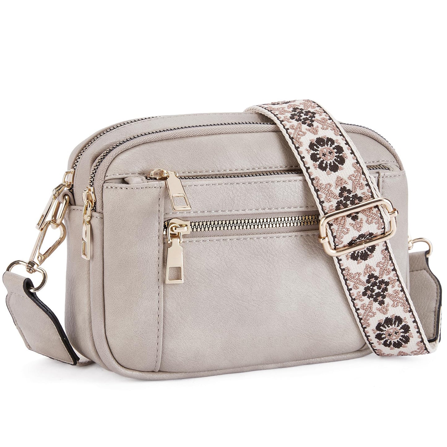 Floral Embroidered Triple-Zip Crossbody Bag