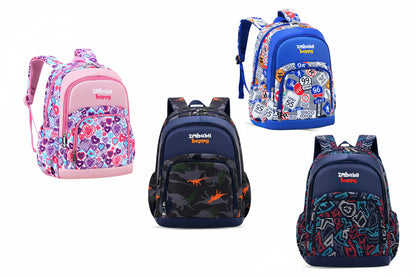 Five colorful backpacks on a blue and green gradient background
