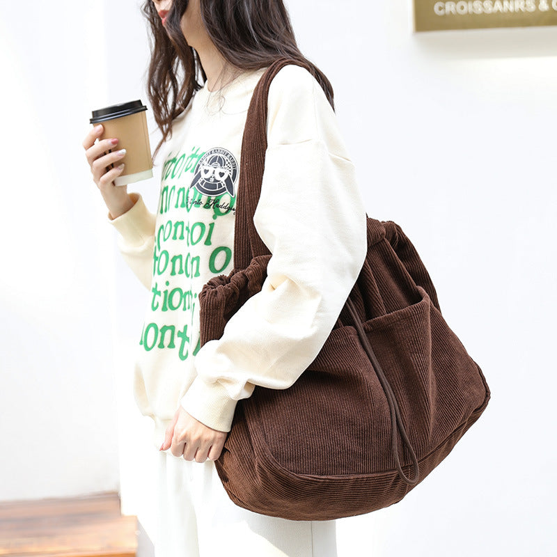 Pleated Corduroy Shoulder Bag - Multi-Pocket Drawstring Design