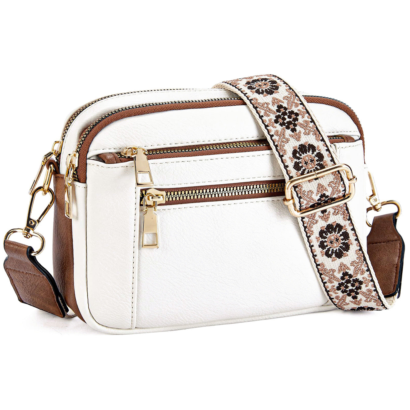 Floral Embroidered Triple-Zip Crossbody Bag