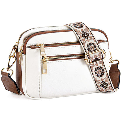 Floral Embroidered Triple-Zip Crossbody Bag
