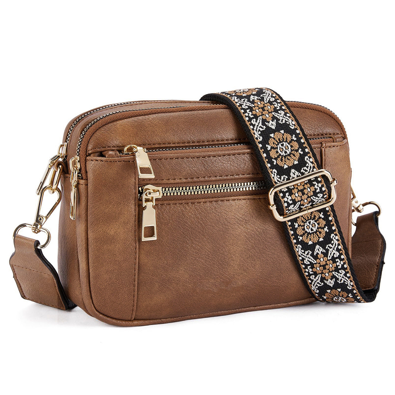 Floral Embroidered Triple-Zip Crossbody Bag