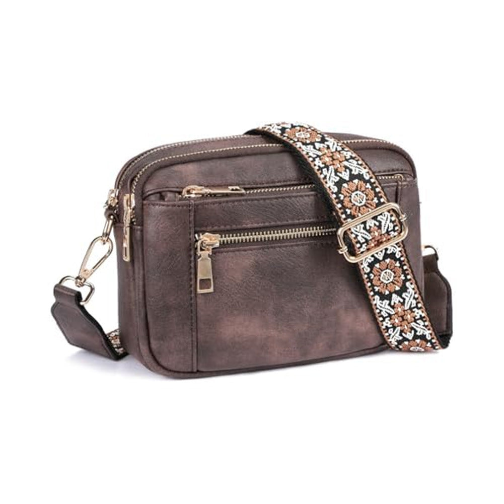 Floral Embroidered Triple-Zip Crossbody Bag