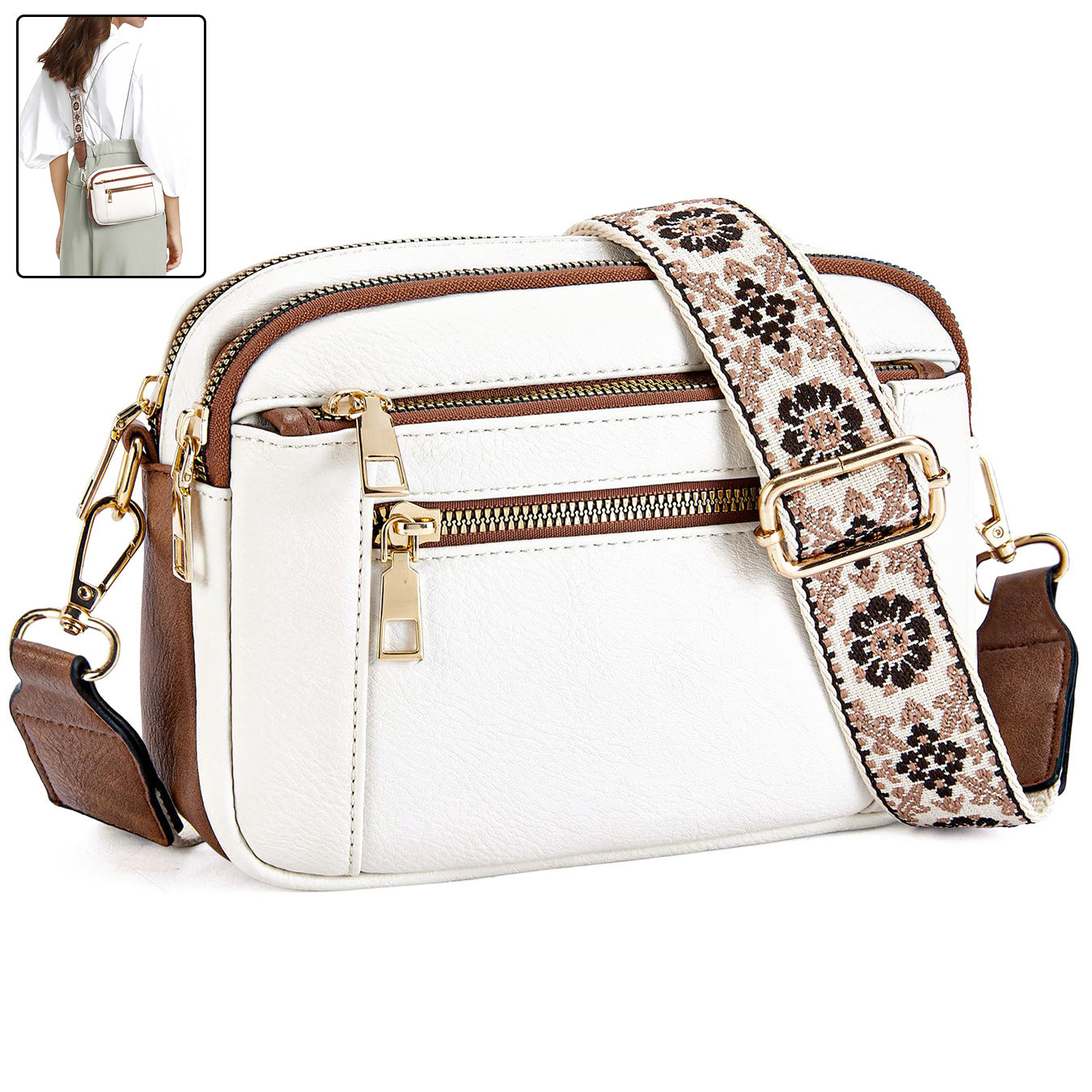 Floral Embroidered Triple-Zip Crossbody Bag