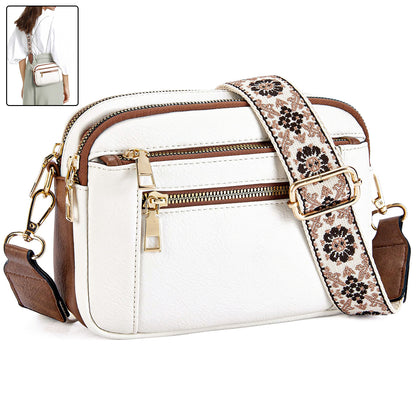 Floral Embroidered Triple-Zip Crossbody Bag