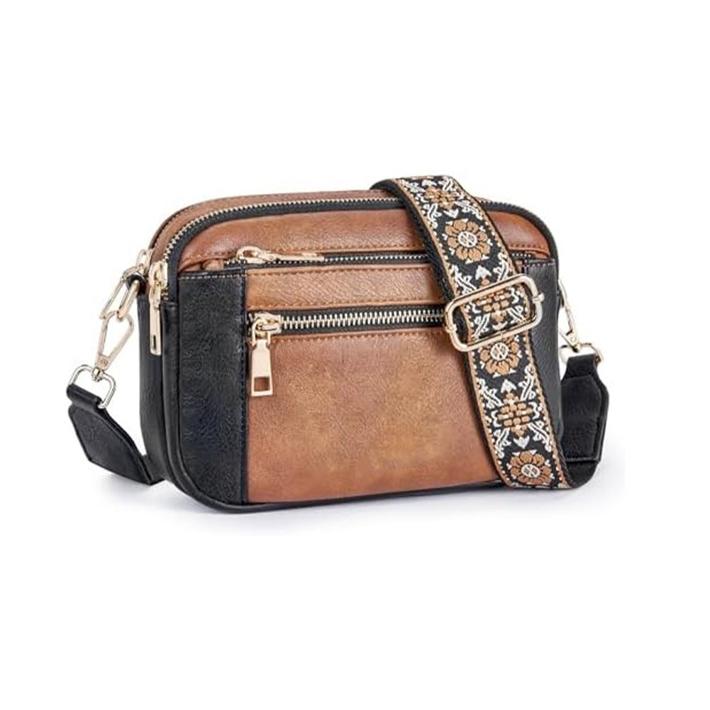 Floral Embroidered Triple-Zip Crossbody Bag