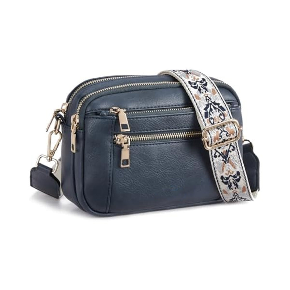 Floral Embroidered Triple-Zip Crossbody Bag