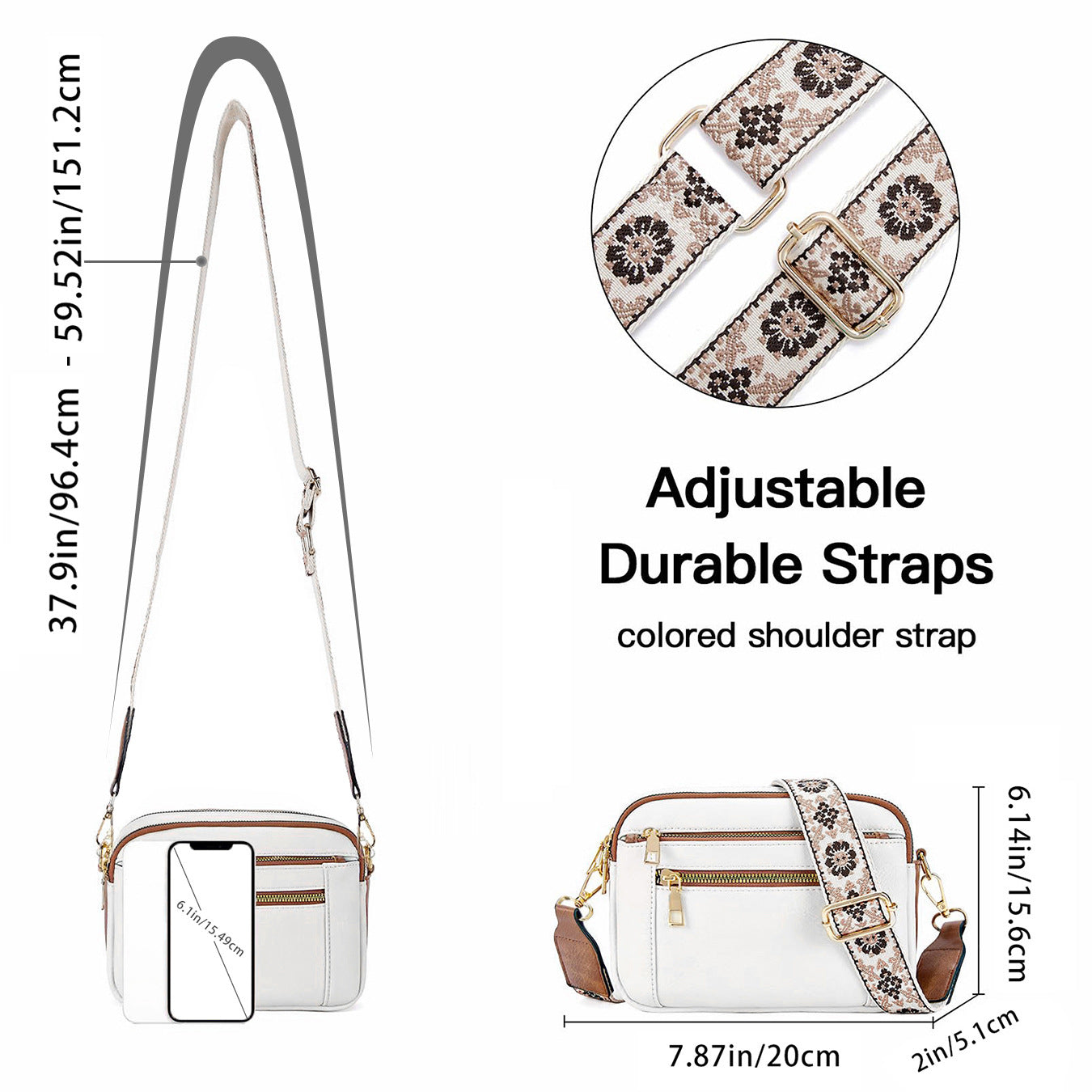 Floral Embroidered Triple-Zip Crossbody Bag