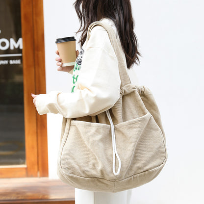 Pleated Corduroy Shoulder Bag - Multi-Pocket Drawstring Design