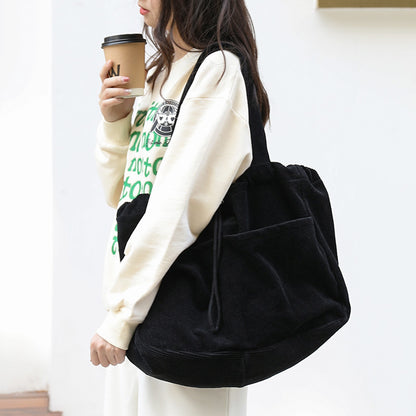 Pleated Corduroy Shoulder Bag - Multi-Pocket Drawstring Design