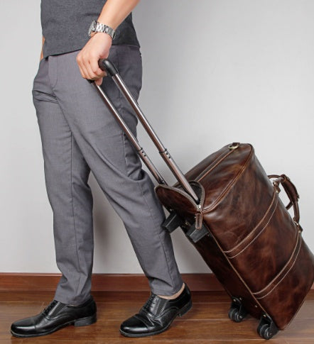 Premium Leather Trolley Travel Bag - Large Capacity Weekender