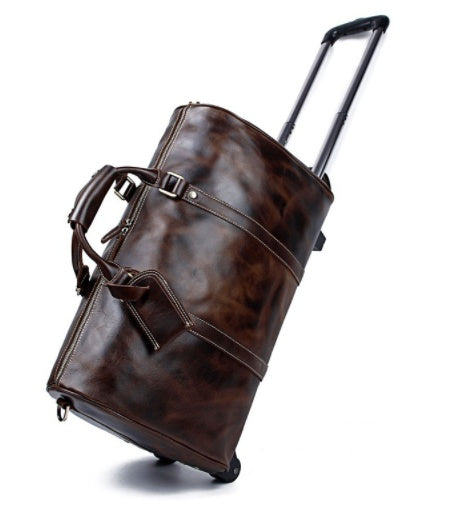 Premium Leather Trolley Travel Bag - Large Capacity Weekender