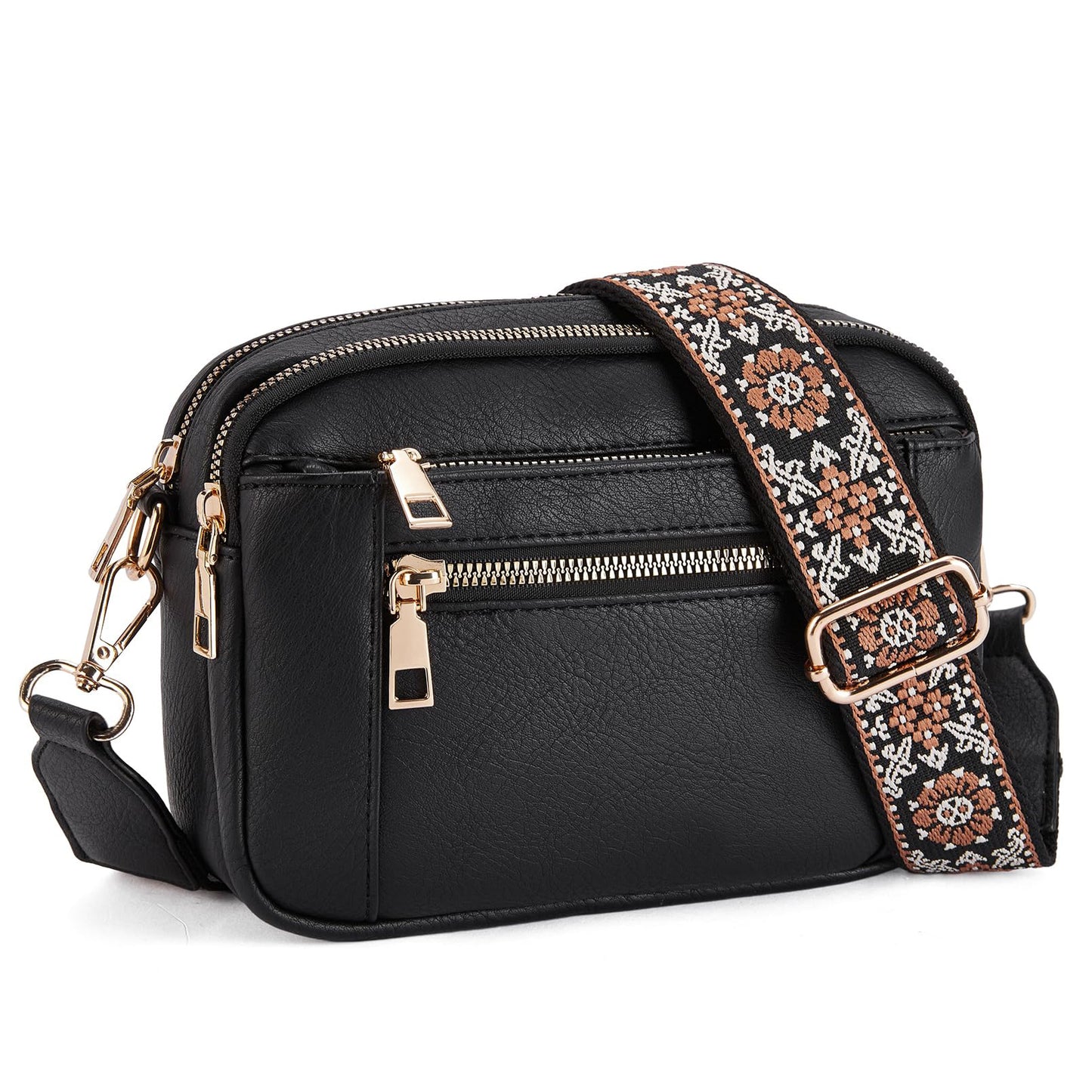 Floral Embroidered Triple-Zip Crossbody Bag