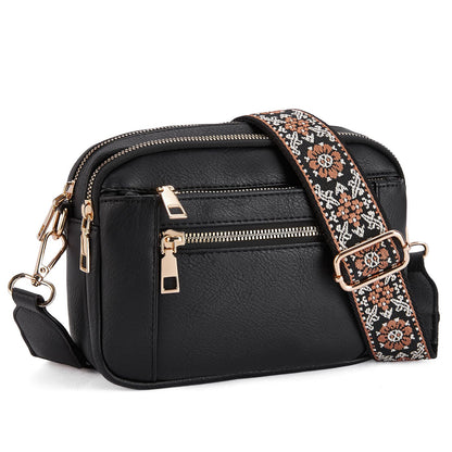 Floral Embroidered Triple-Zip Crossbody Bag
