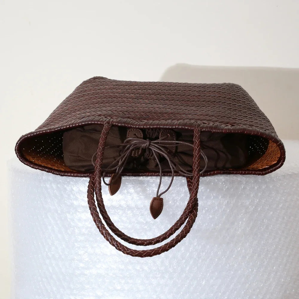 Genuine Leather Woven Tote Bag - Handcrafted Shoulder Bag for Women