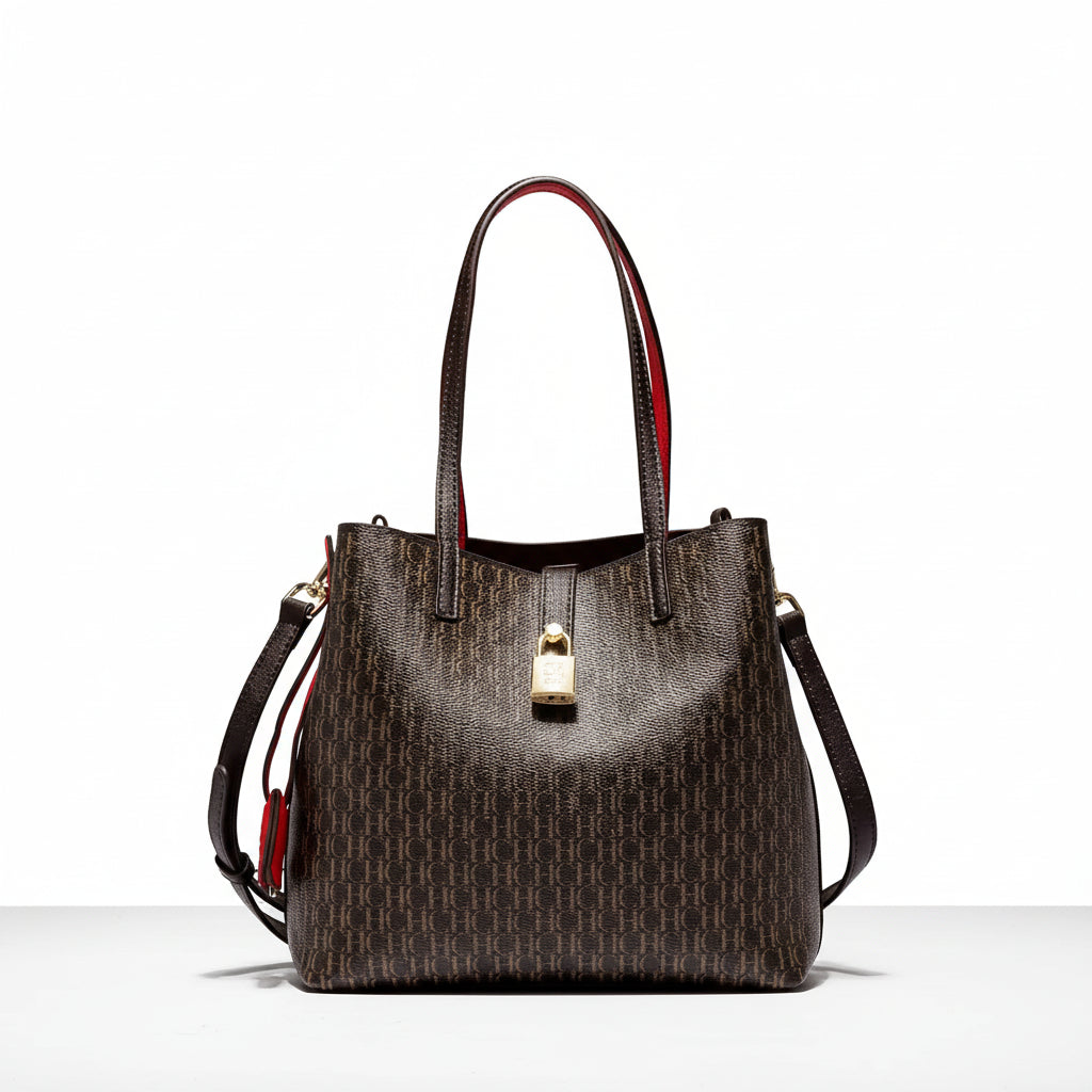 CHCH Leather Crossbody Shoulder Bag with Letter Print - Bucket Style