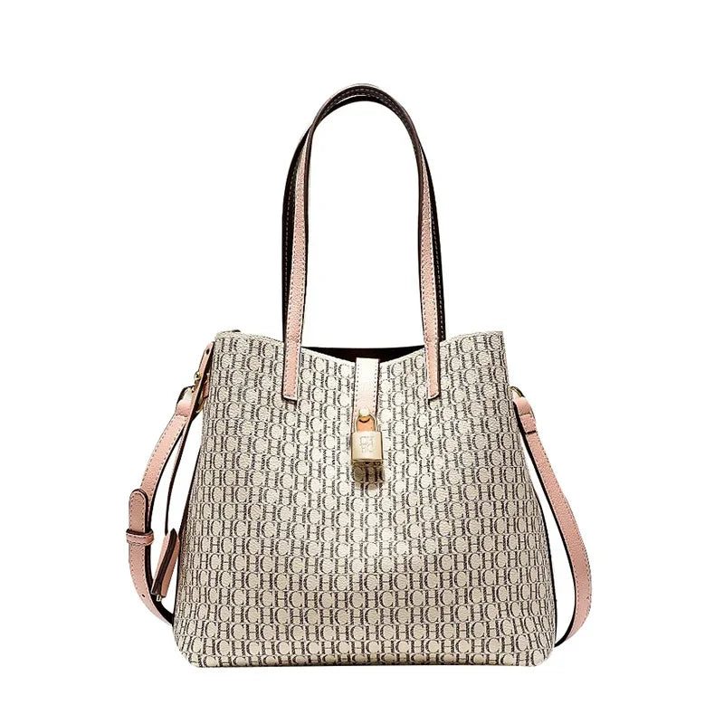 CHCH Leather Crossbody Shoulder Bag with Letter Print - Bucket Style