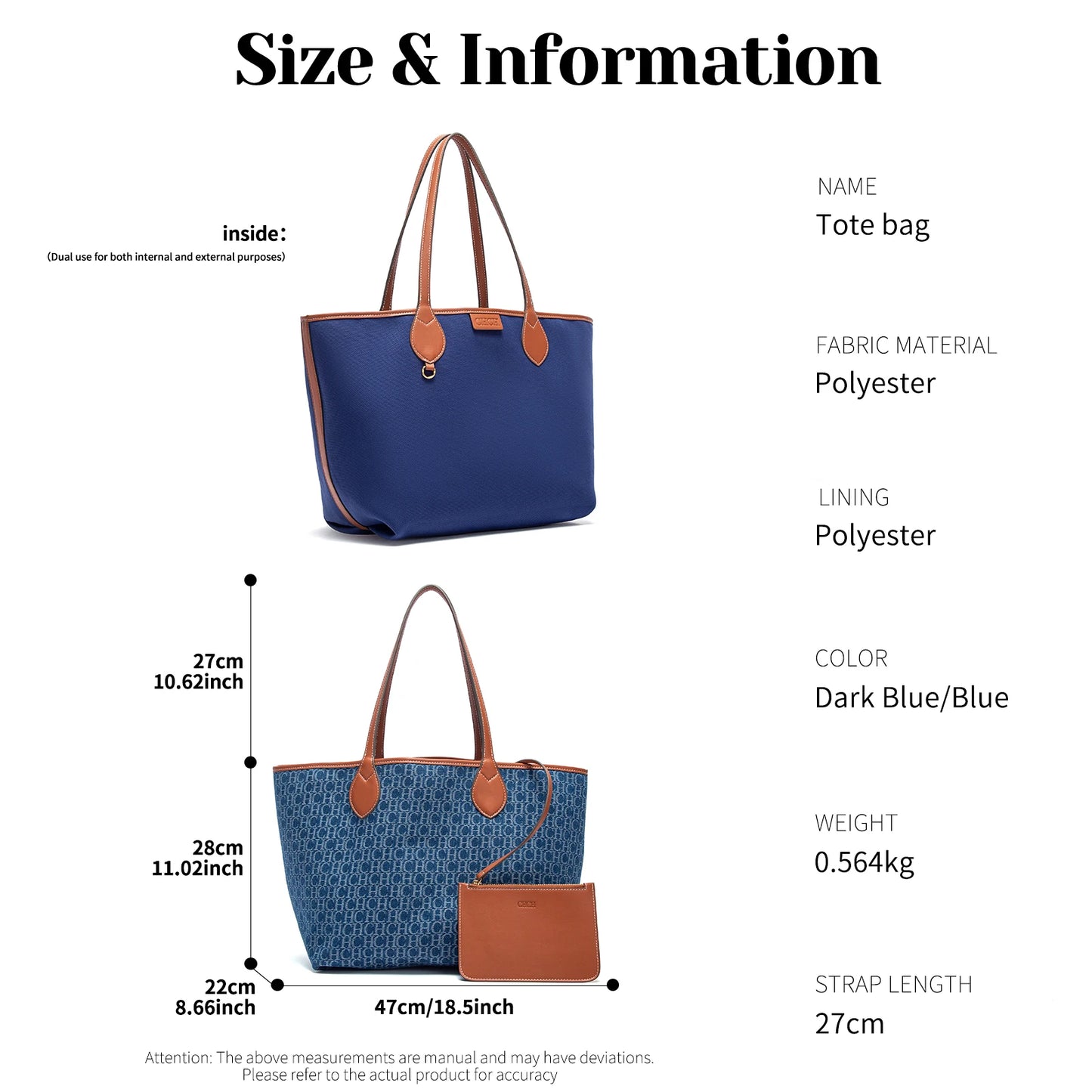 CHCH Women's Tote Bag with Matching Pouch - Large Capacity