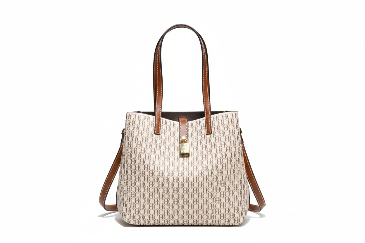 CHCH Leather Crossbody Shoulder Bag with Letter Print - Bucket Style