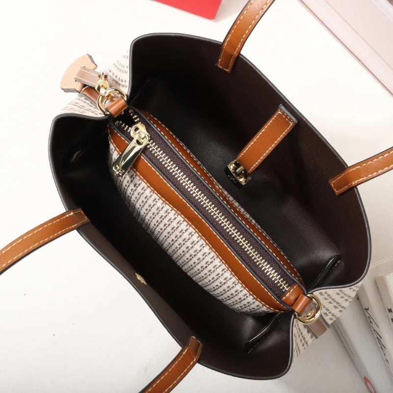 CHCH Leather Crossbody Shoulder Bag with Letter Print - Bucket Style
