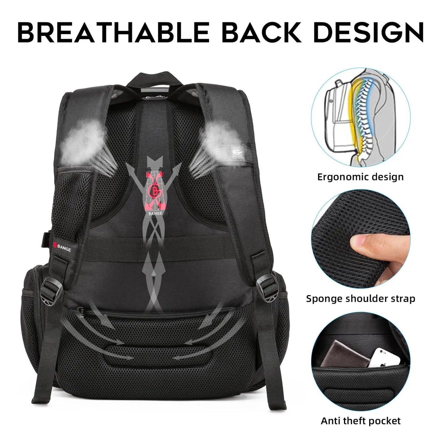 BANGE 40L Laptop Backpack - 17" with USB Charging Port