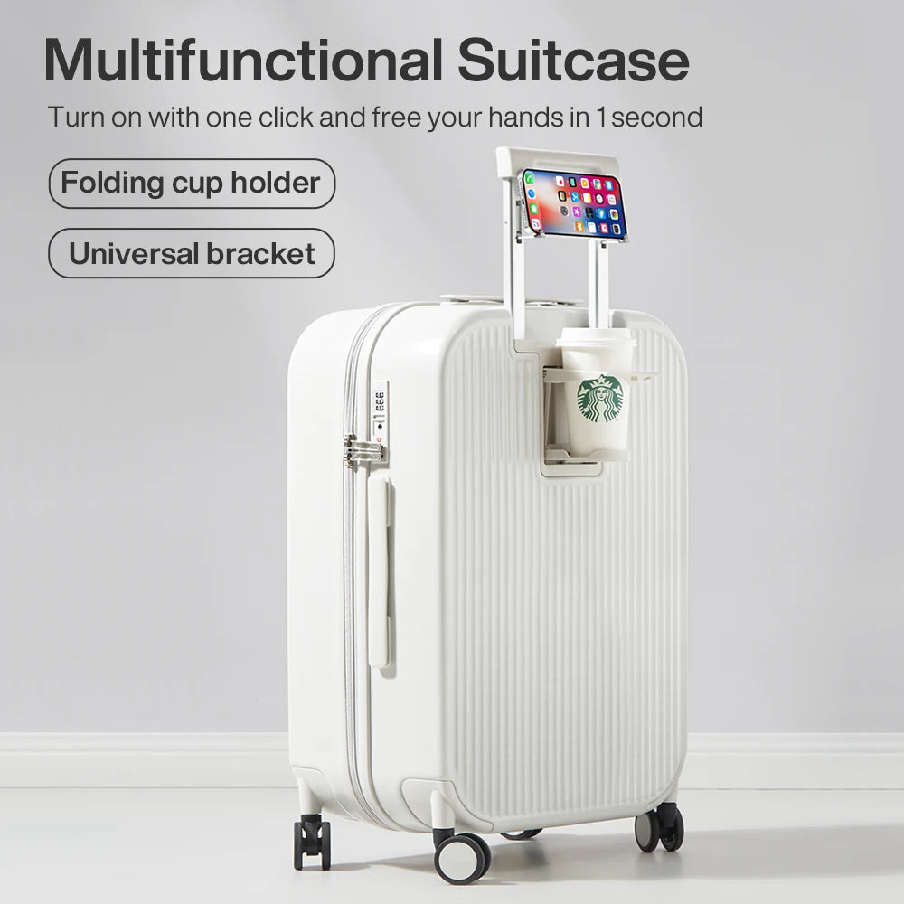 Carry-On Suitcase with Cup & Phone Holder - Hard Shell Spinner Luggage