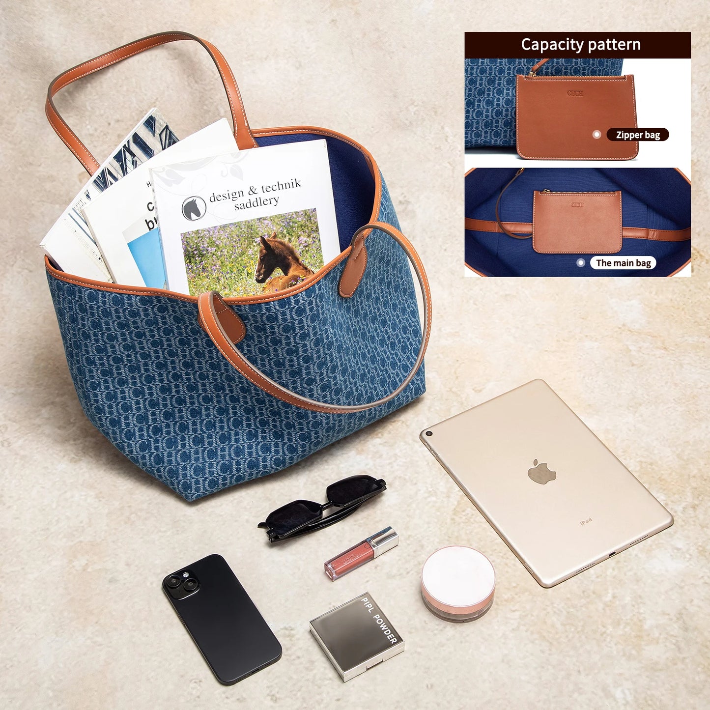 CHCH Women's Tote Bag with Matching Pouch - Large Capacity