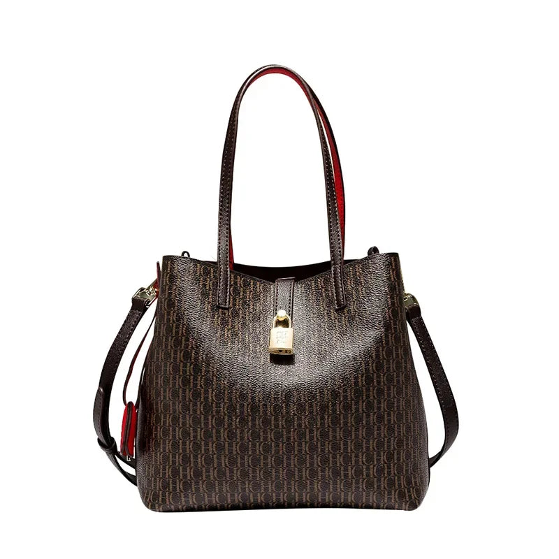 CHCH Leather Crossbody Shoulder Bag with Letter Print - Bucket Style