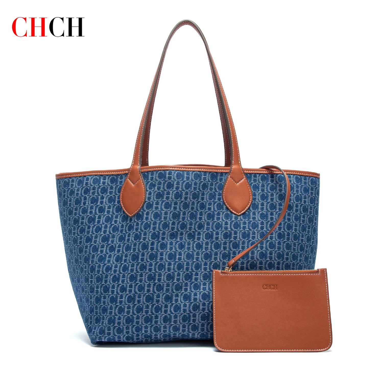 CHCH women's tote bag with matching pouch in solid color

