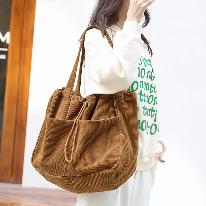 Pleated Corduroy Shoulder Bag - Multi-Pocket Drawstring Design