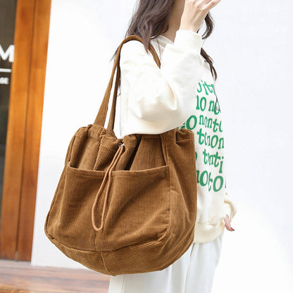 Pleated Corduroy Shoulder Bag - Multi-Pocket Drawstring Design