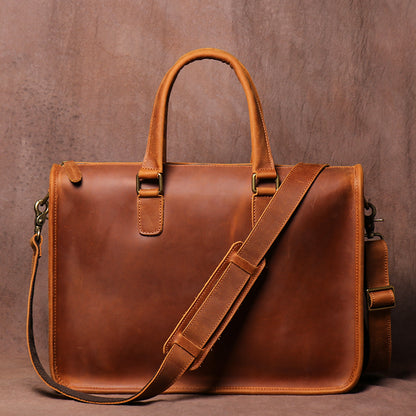 Vintage Crazy Horse Leather Briefcase - 14" Laptop Bag