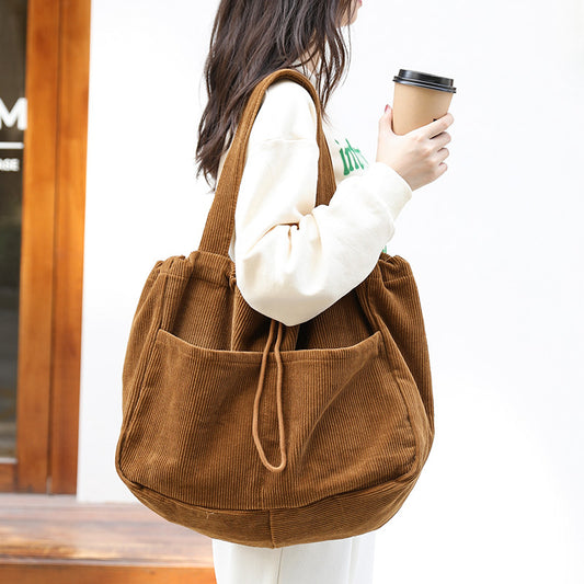 Pleated Corduroy Shoulder Bag - Multi-Pocket Drawstring Design