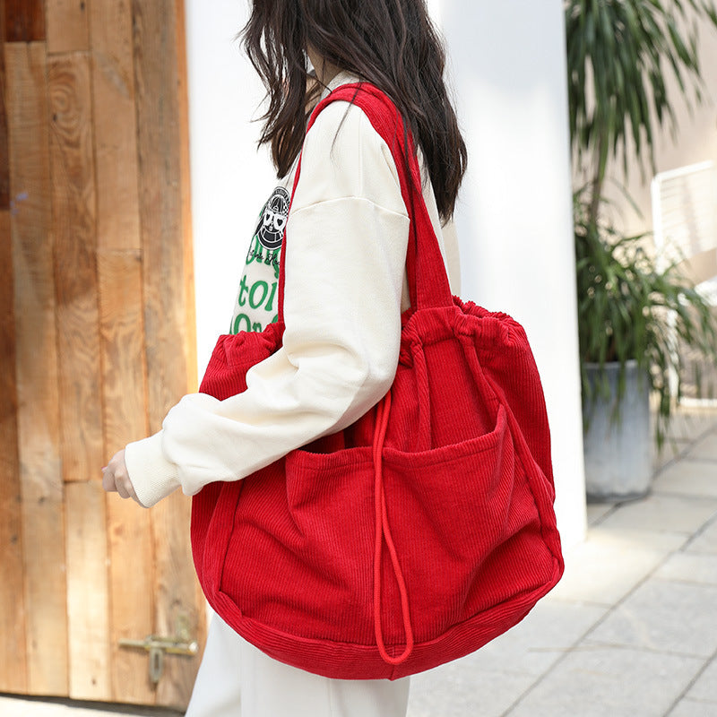 Pleated Corduroy Shoulder Bag - Multi-Pocket Drawstring Design
