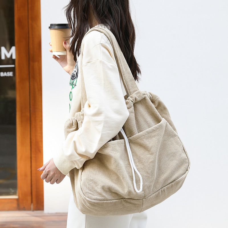 Pleated Corduroy Shoulder Bag - Multi-Pocket Drawstring Design