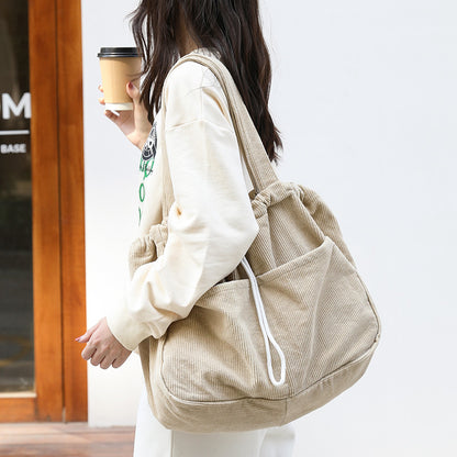 Pleated Corduroy Shoulder Bag - Multi-Pocket Drawstring Design