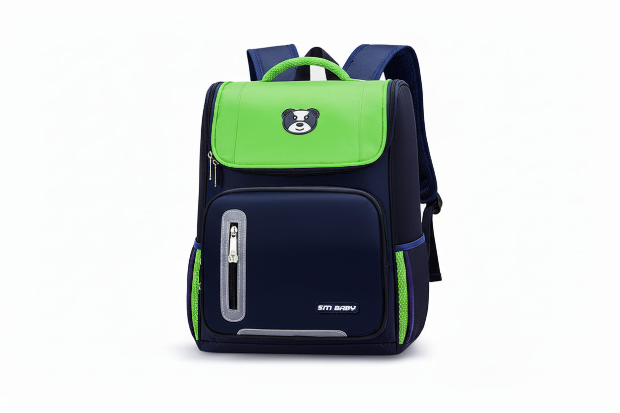 Green and navy blue backpack with bear emblem and SM Baby logo, shown with measurements on a white background.