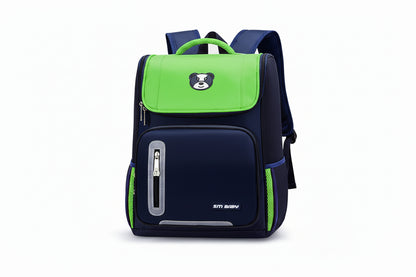 Green and navy blue backpack with bear emblem and SM Baby logo, shown with measurements on a white background.