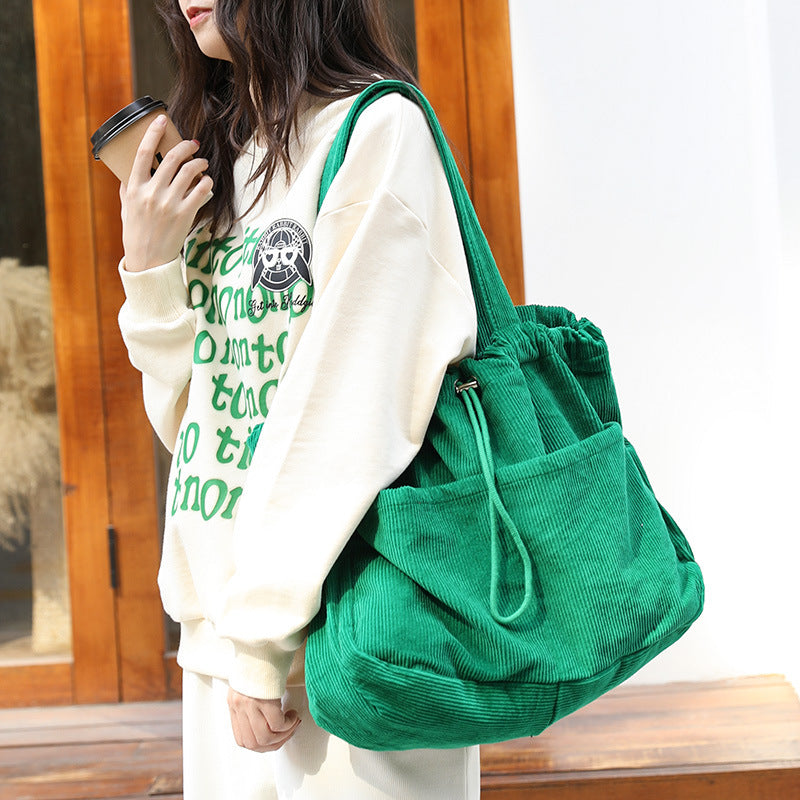 Pleated Corduroy Shoulder Bag - Multi-Pocket Drawstring Design