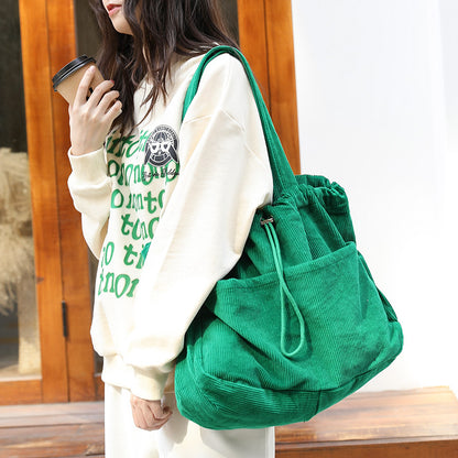 Pleated Corduroy Shoulder Bag - Multi-Pocket Drawstring Design