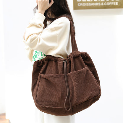 Pleated Corduroy Shoulder Bag - Multi-Pocket Drawstring Design